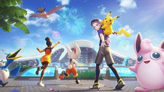 Artwork for Pokémon Unite showing trainers and Pokémon walking together toward a huge arena in the distance.