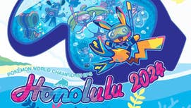 Pikachu is wearing a swim suit and goggles, floating in front of a giant pair of goggles with other Pokemon swimming in it. Text reads: Pokemon World Championships Honolulu 2024.