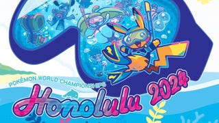 Pikachu is wearing a swim suit and goggles, floating in front of a giant pair of goggles with other Pokemon swimming in it. Text reads: Pokemon World Championships Honolulu 2024.
