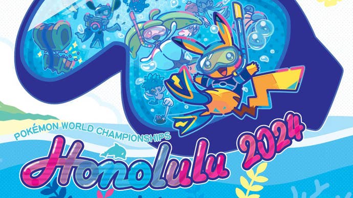Pikachu is wearing a swim suit and goggles, floating in front of a giant pair of goggles with other Pokemon swimming in it. Text reads: Pokemon World Championships Honolulu 2024.