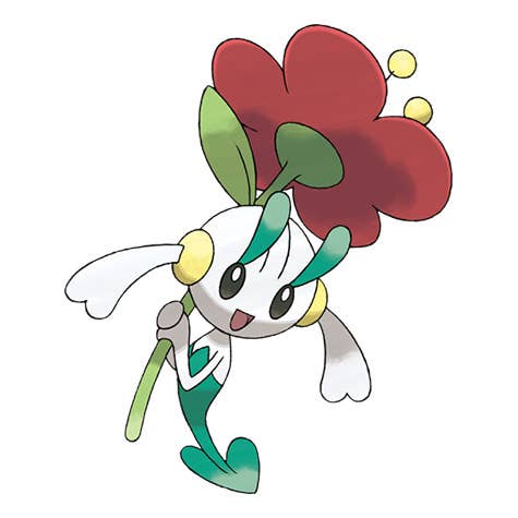 Obra de arte da criatura Floette, em forma de flor, de Pokémon, que é no estilo de um desenho a lápis.