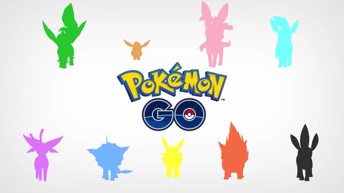 Artwork showing the Pokémon Go logo alongside colourful silhouettes of the different Eevee evolutions.