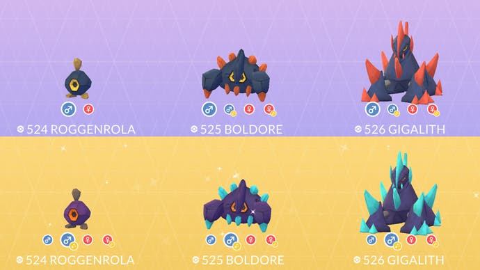 Roggenrola family with shiny comparison