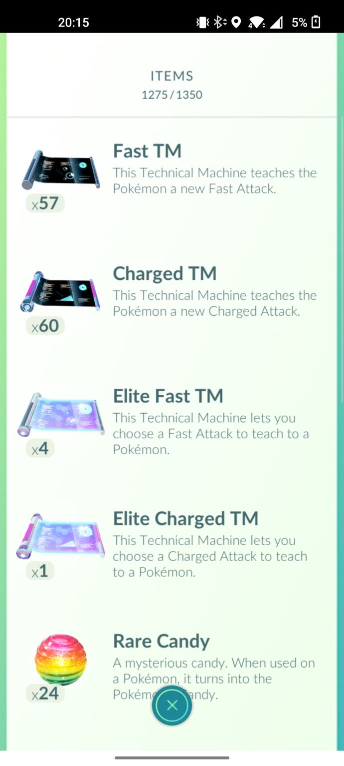 Pokémon Go TMs screen