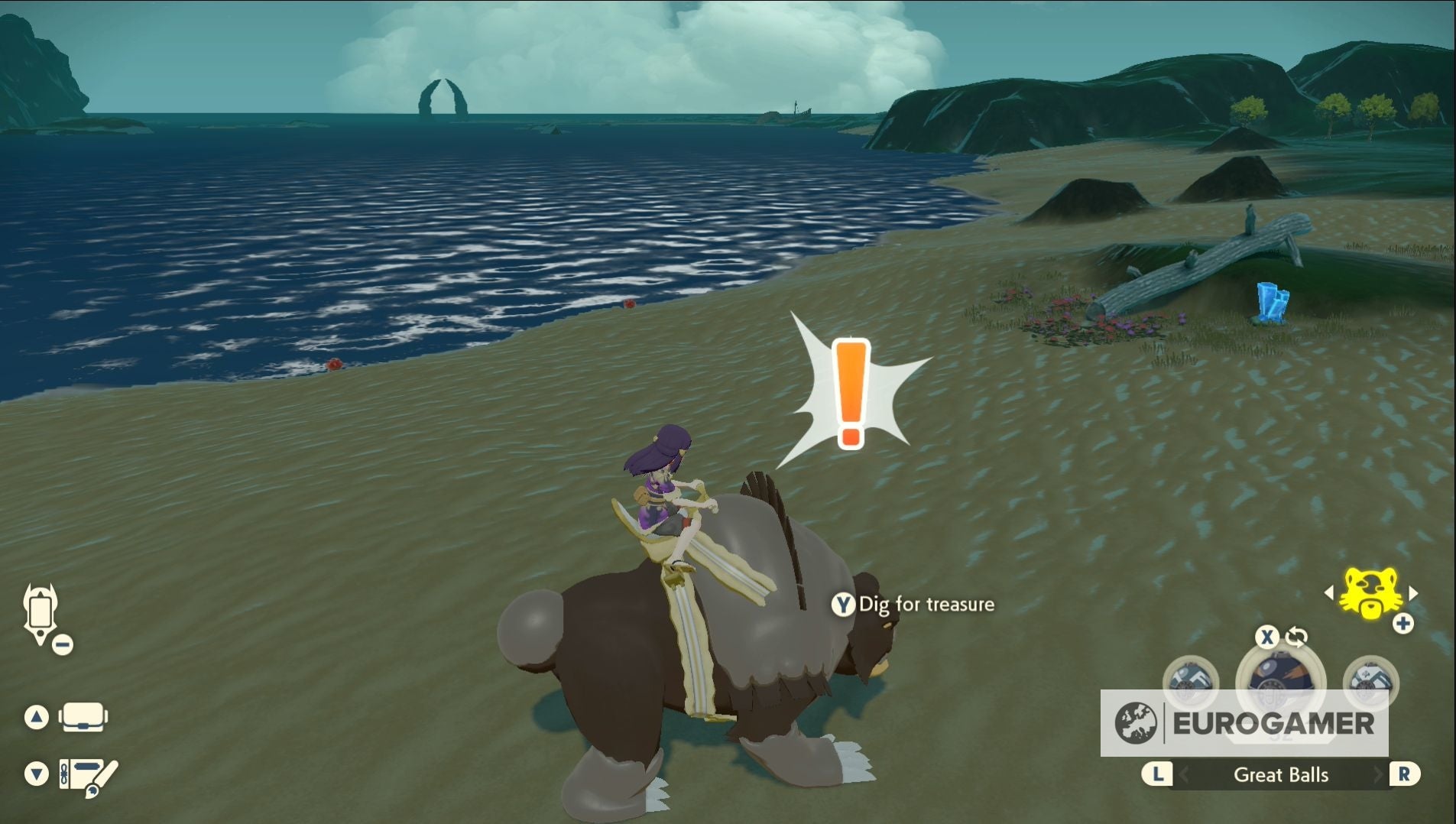 The Ursaluna mount about to dig up treasure in Pokémon Legends: Arceus.