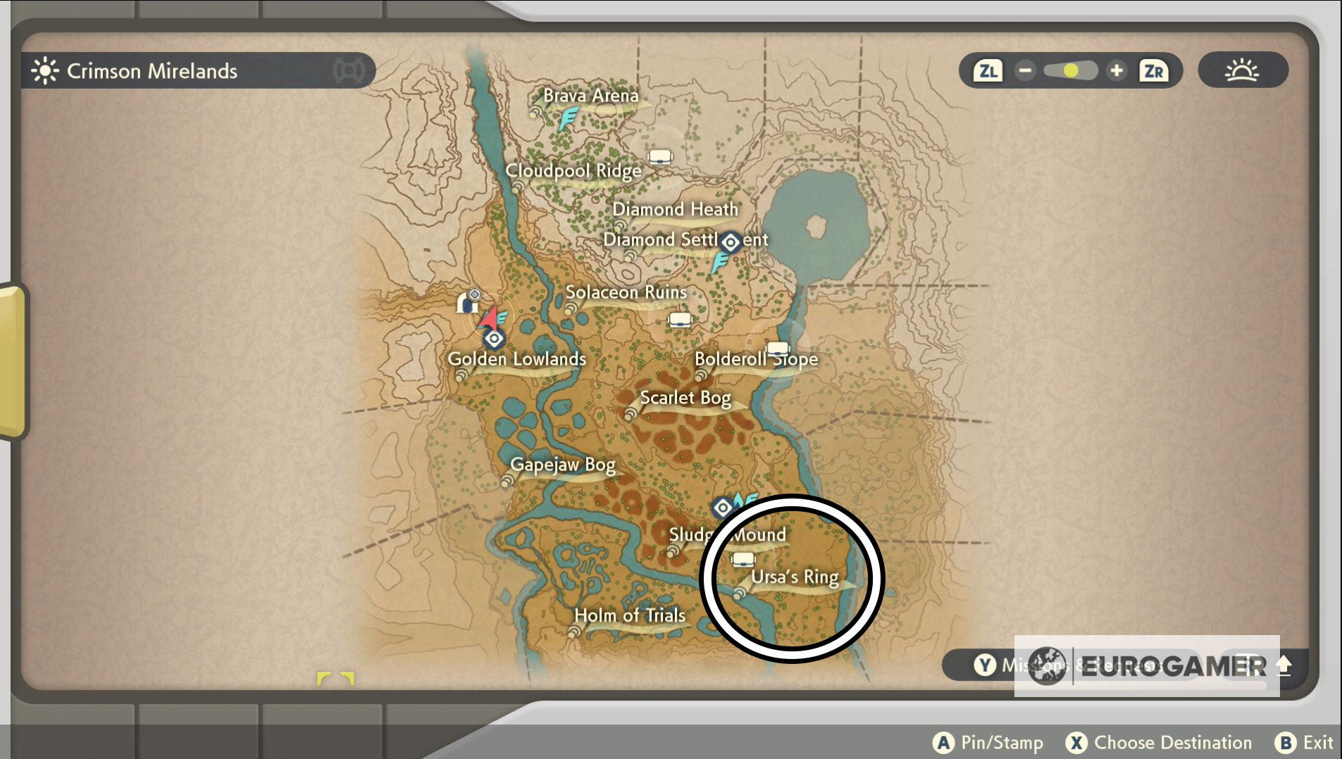 A map of the Crimson Mirelands with Ursa&rsquo;s Ring highlighted with a circle.