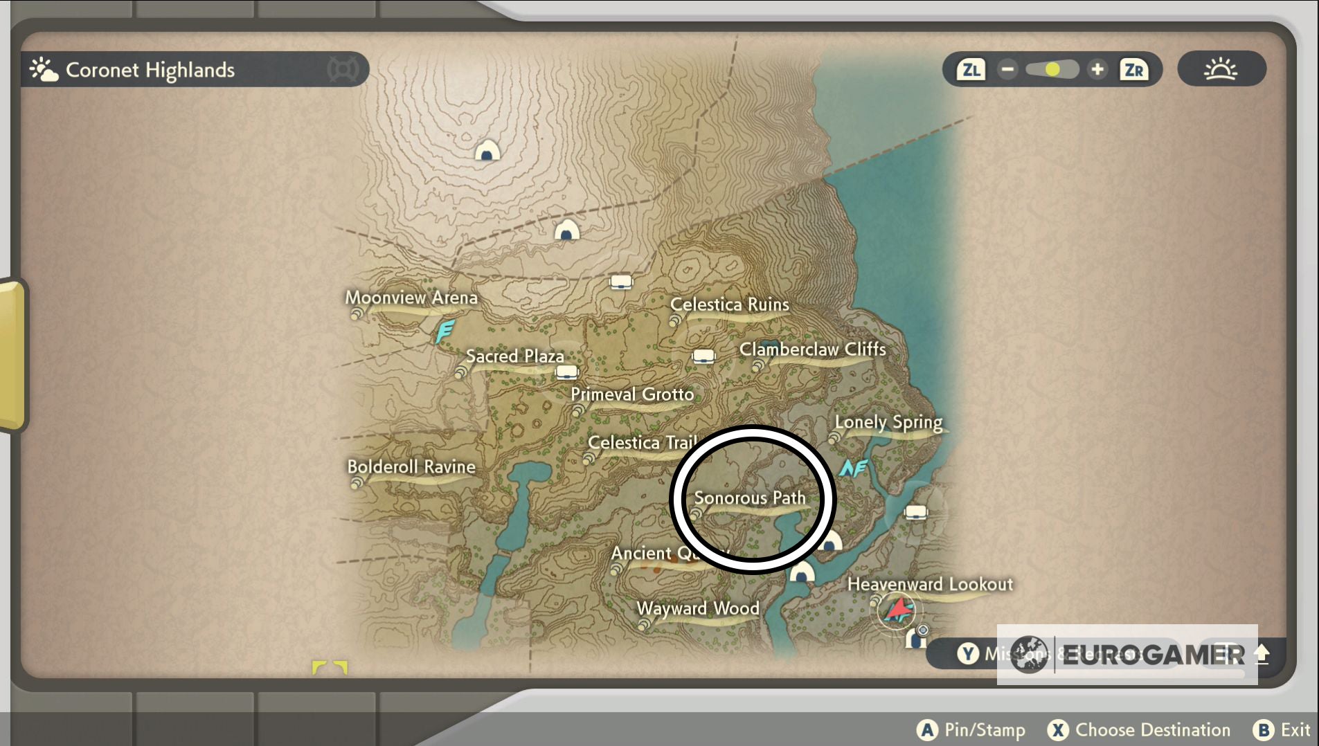 A map of the Coronet Highlands with the Sonorous Path highlighted with a circle.
