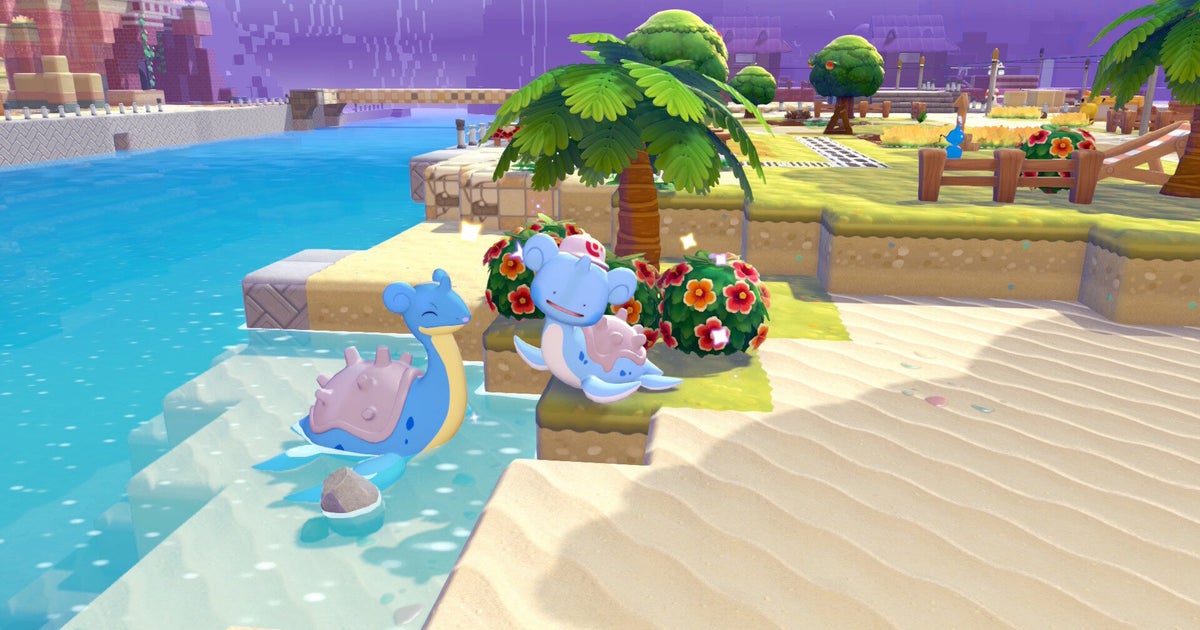 Photo: GamesIndustry.biz A Lapras and a Ditto transformed into a Lapras, Lapras in shallow water and Ditto on land, sit near colorful bushes and a
