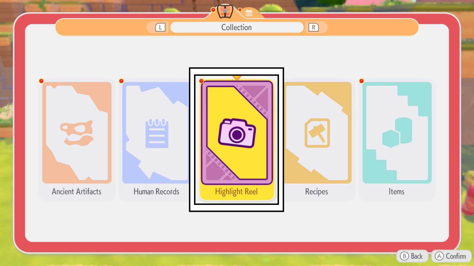 pokopia collection menu highlight reels option