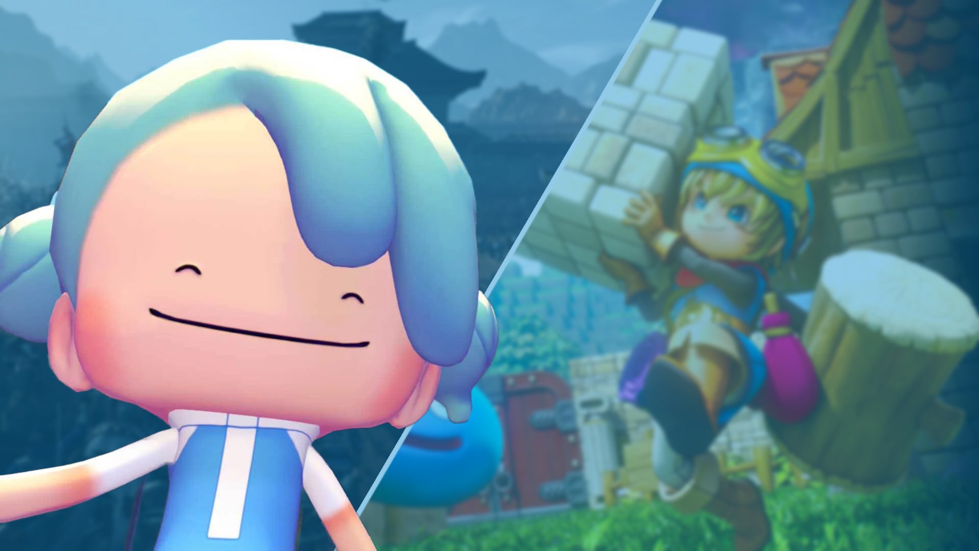 Ditto appearing as a human in Pokopia, with key art from Dragon Quest Builders behind them.