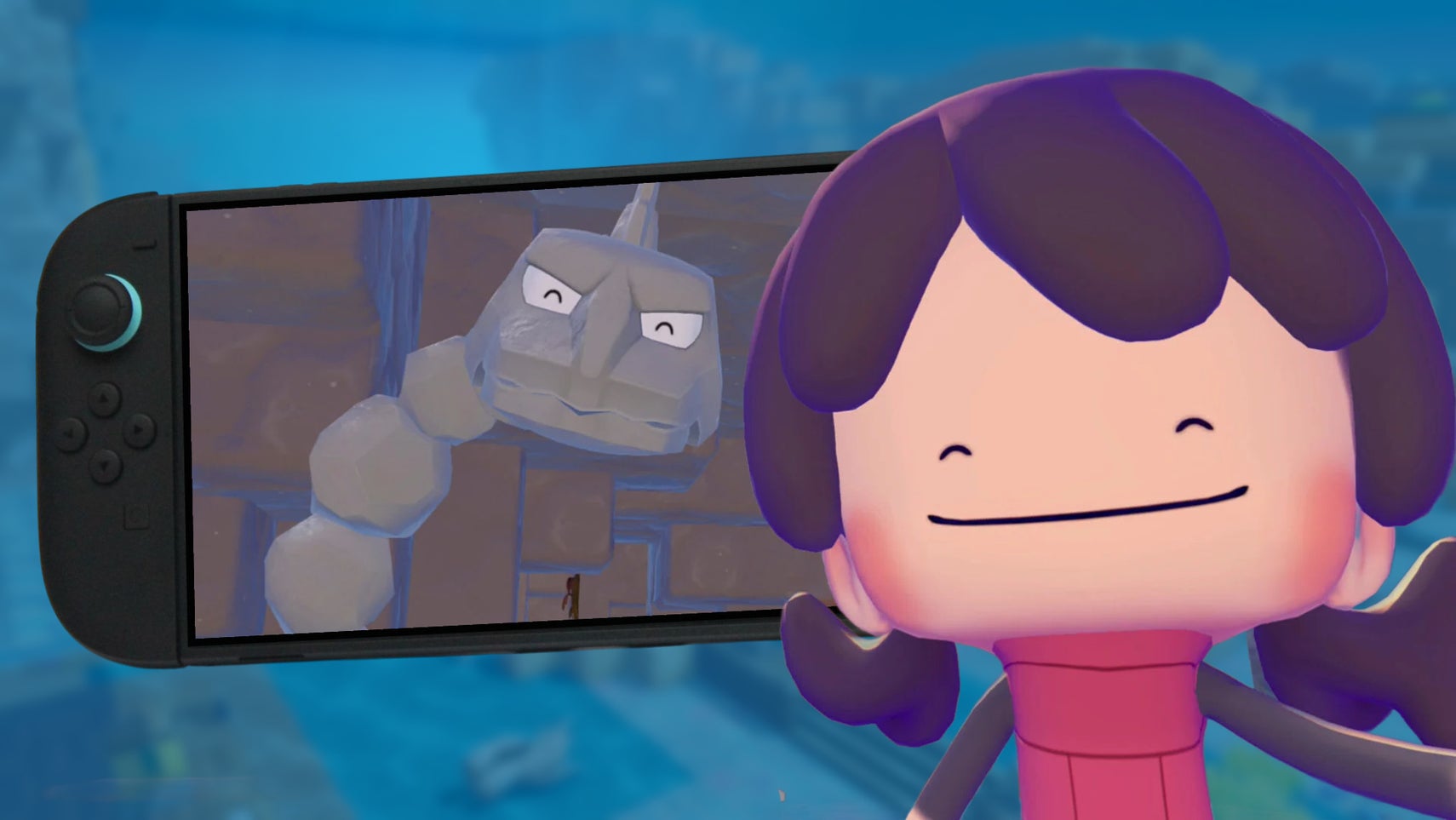 Ditto, disguised as a human girl, takes a selfie with an Onix who is shown on a Switch 2