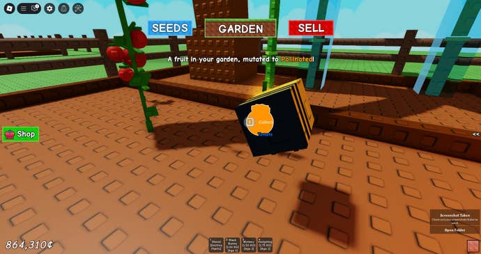 A bee buzzes in front of a fruit in Grow A Garden as a message about pollination appears.
