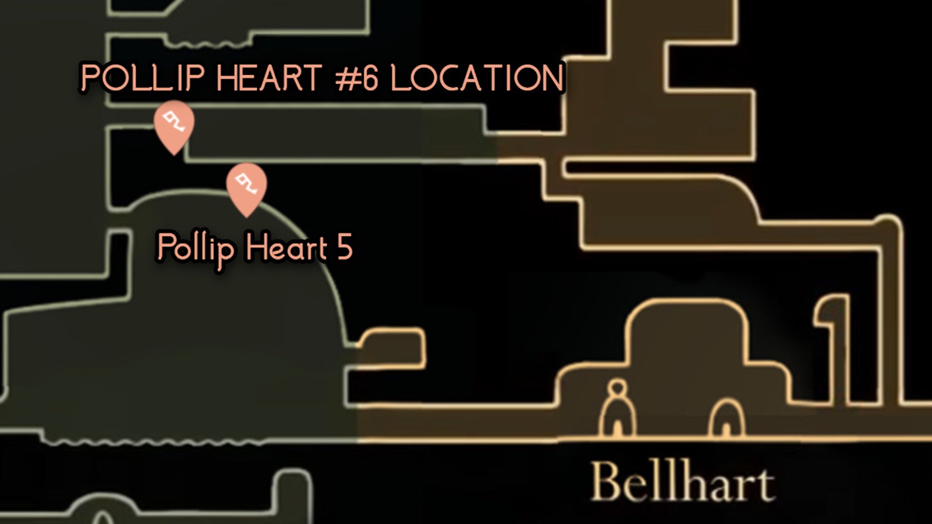 A map showing the location of Pollip Heart #6 in Hollow Knight: Silksong. - 15
