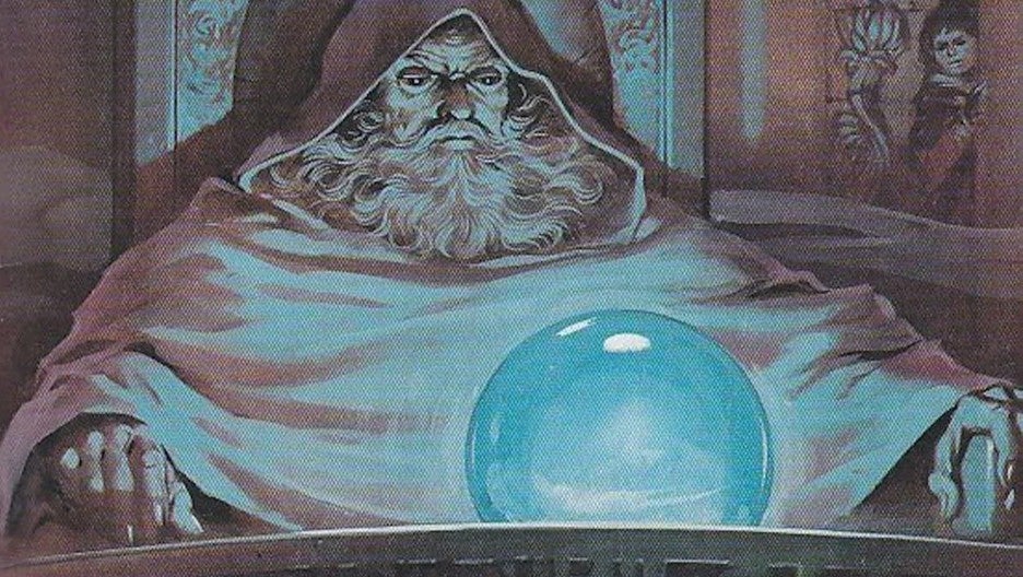 A bearded wizard beholding a glowing blue orb in an old fantasy illustration. - 1