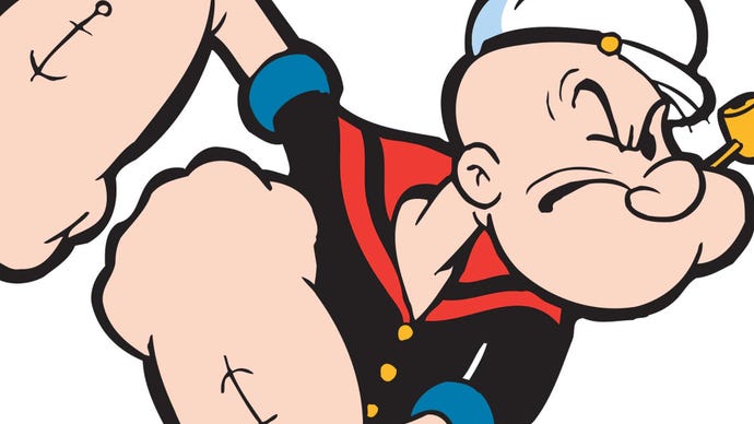 Close-up 2D art of Popeye, a cartoon sailor with very large forearms, a pipe sticking out of his mouth.
