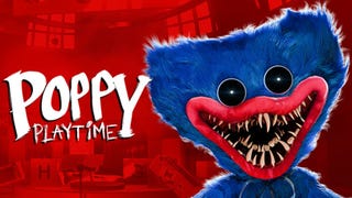 Poppy Playtime logo with terrifying fluffy blue creature on red background