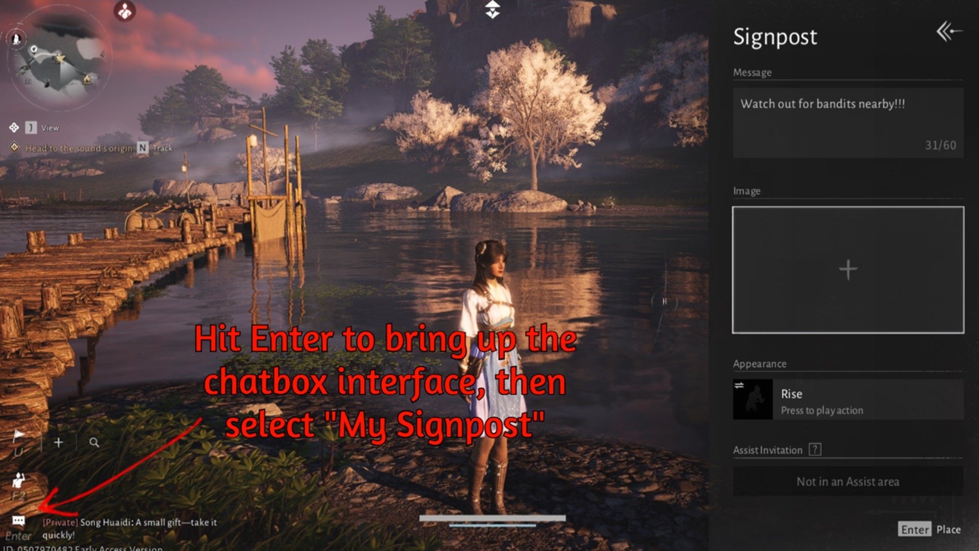 A red arrow highlights the chatbox button in Where Winds Meet, where players can set up a Signpost. - 4
