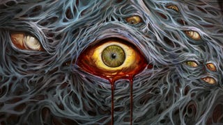 A disturbing illustration showing a number of eyes poking out of a grey, many-stranded mass. The central eye is large, yellowing, and bloodshot - bloodshot to the point that blood is pooling and dripping from it. Charming.
