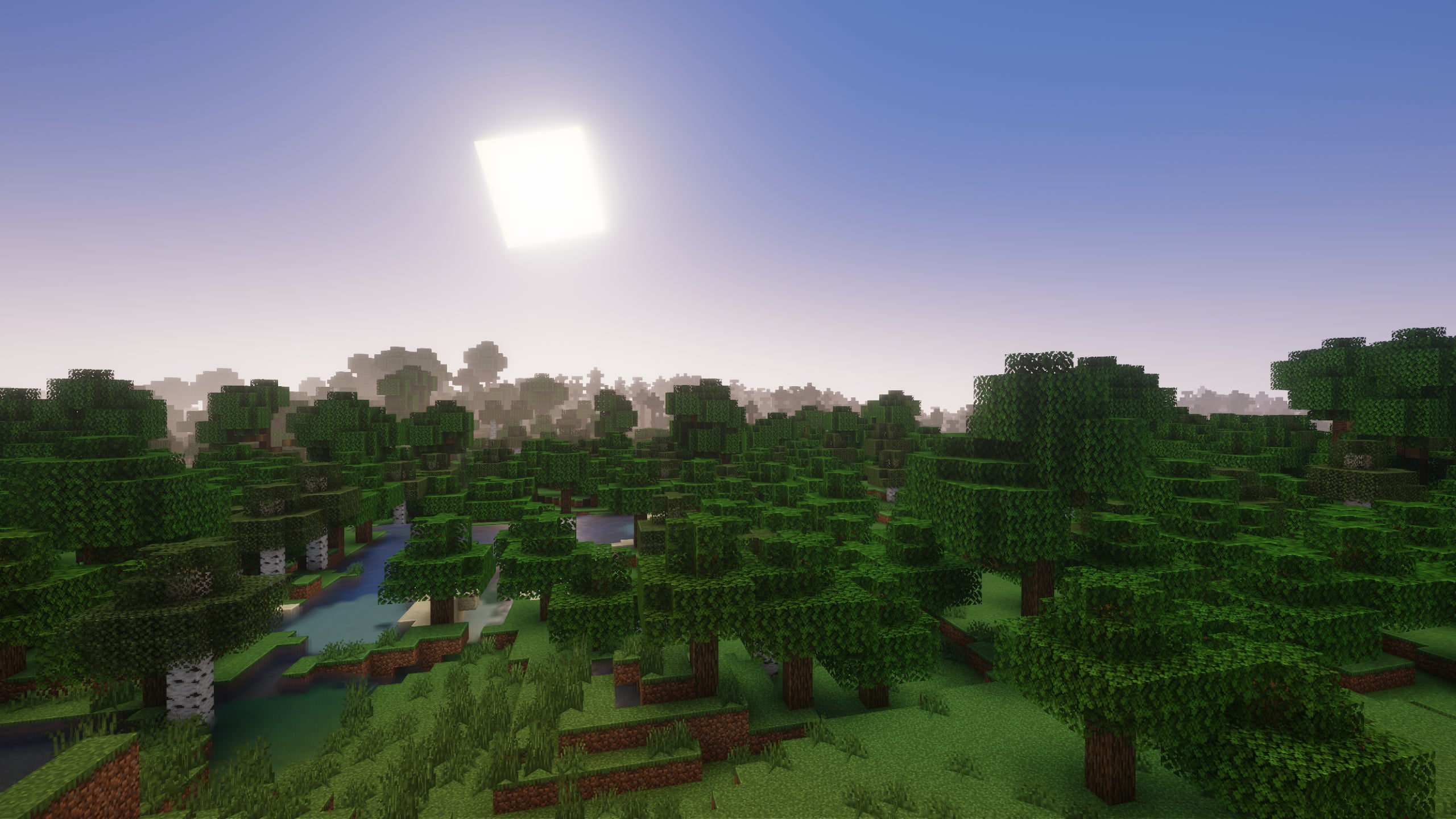 The sun rises over a Minecraft forest with Potato Shaders installed.