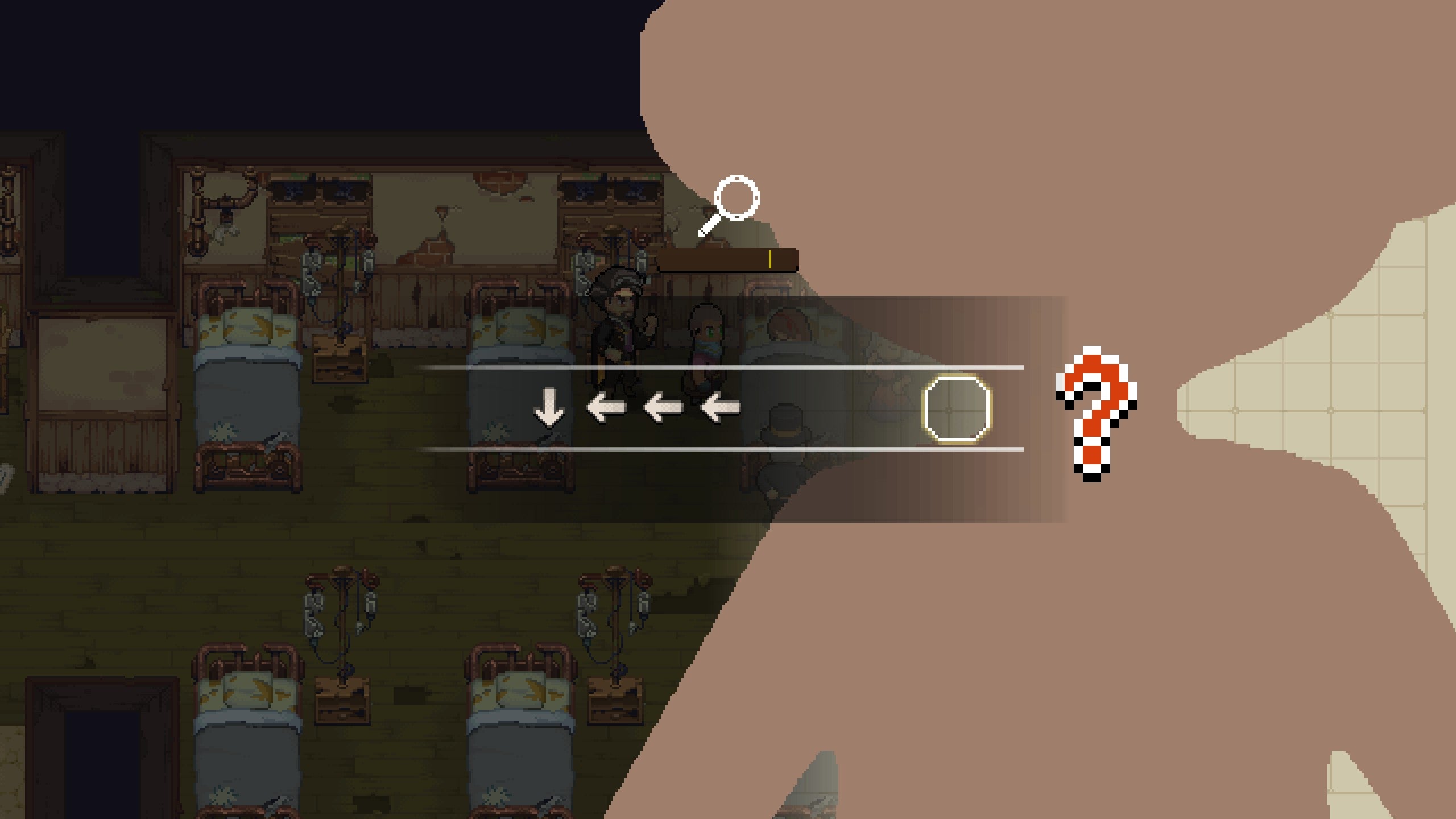 The outline of a character and a small box where some arrows are floating past. It&rsquo;s a rhythm action mini-game, and not a very good one at that.