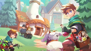 A bright and cartoony image, of a spiky haired young character looking at the camera, with a fluffy white dog beside them. The character holds a potion bottle and has a bag full of scrolls and other goodies. In the background is a white house shaped a bit like a bottle. It is the characters' house and laboratory.