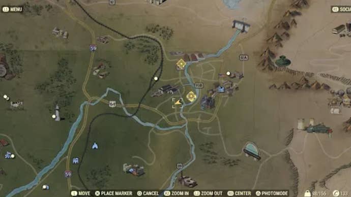 Map showing the location of a piece of Power Armor near Morgantown Airport in Fallout 76.
