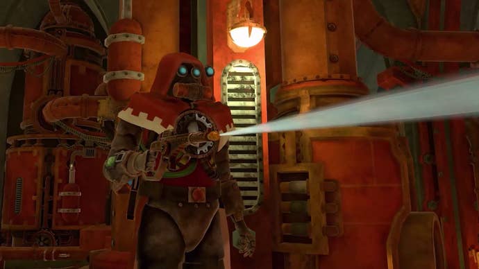 A member of the Machine Cult fires up a powerwasher in PowerWash Simulator’s Warhammer 40K DLC trailer
