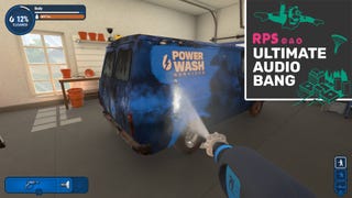 Powerwashing a powerwashing company van in a PowerWash Simulator screenshot, with added Ultimate Audio Bang logo in the top right.