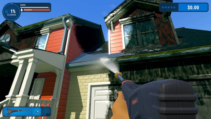 The player cleans a dirty house with a power washer in Powerwash Simulator