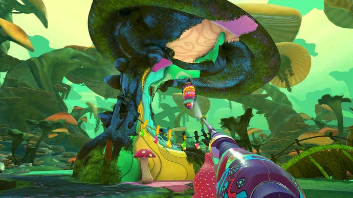 A screenshot from PowerWash Simulator's Alice's Adventures expansion showing the player hosing down a giant mushroom.