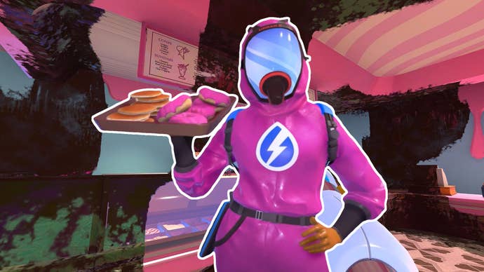 Composite image showing a PowerWash Simulator player in a pink outfit holding a tray of desserts while a grimy half-hosed ice cream parlour is visible behind them.