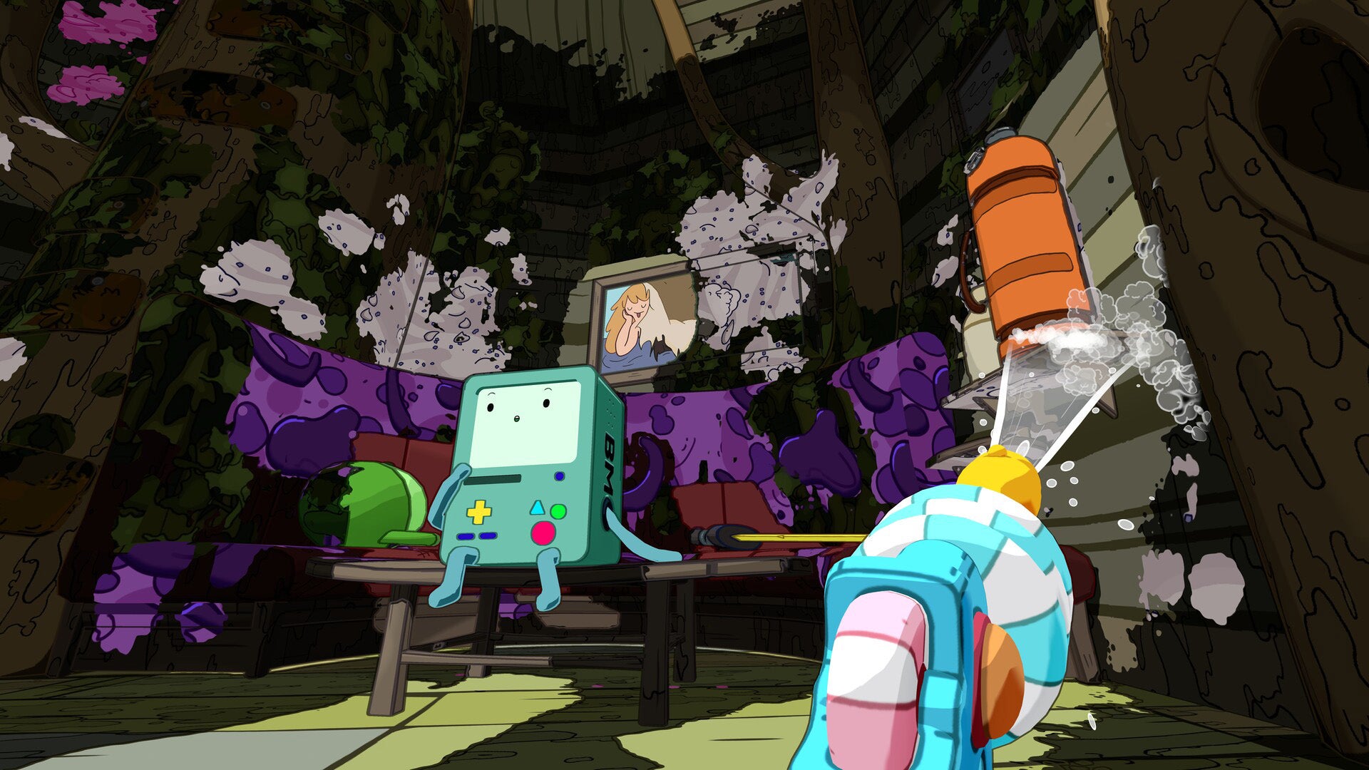 BMO, a tiny robot shaped like a Game Boy, is sat on a table in Finn and Jake's tree house from Adventure Time in PowerWash Simulator 2. - 1