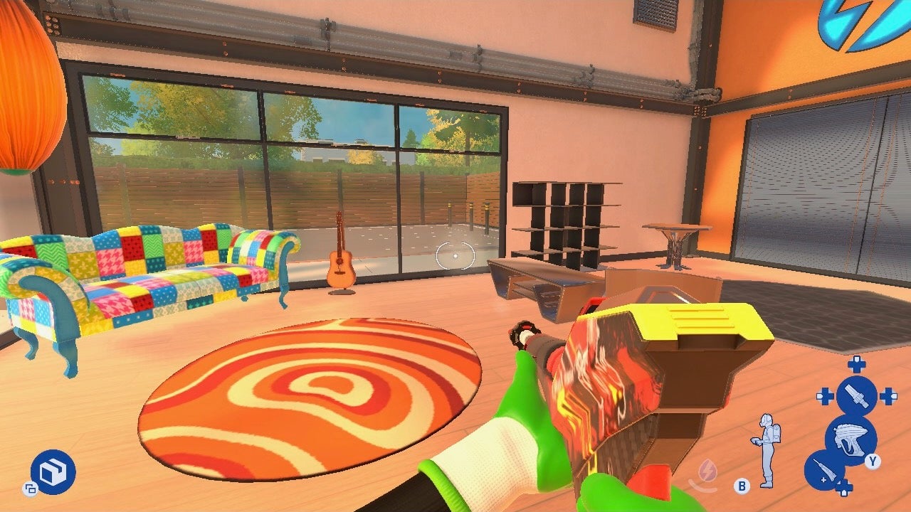 A living area with a swirly 60s circular rug and a colourful checked soaf by a window in PowerWash Simulator 2. - 4
