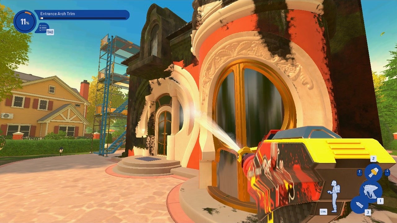 A pair of grubby arched doors being cleaned in PowerWash Simulator 2. - 3