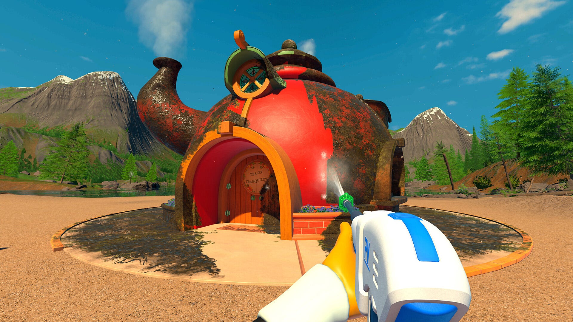 A first-person position  of idiosyncratic    utilizing a powerfulness  washer connected  a teapot shaped location   successful  PowerWash Simulator 2.