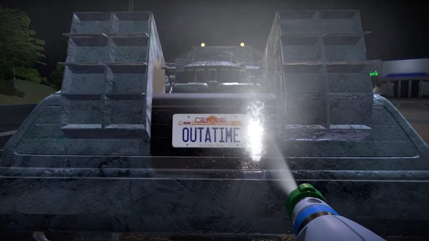 The player washes the number plate of Back to the Future's DeLorean in PowerWash Simulator
