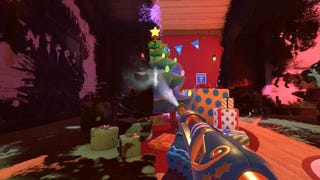 Cleaning a tree and presents in the corner of Santa's Worskshop in the free PowerWash Simulator 2023 seasonal level