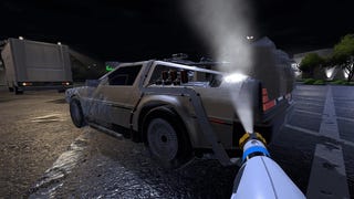 The time machine being cleaned in PowerWash Simulator's Back To The Future DLC.