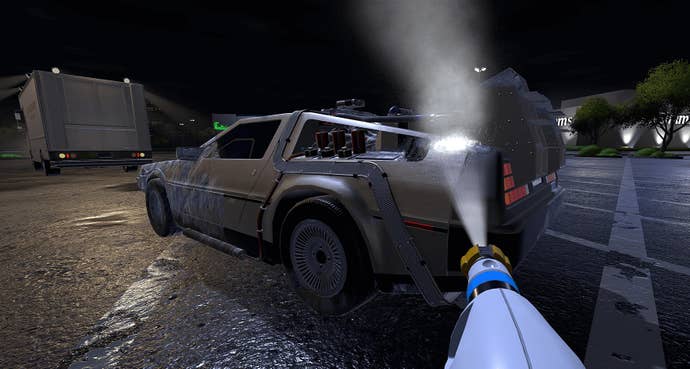 The time machine being cleaned in PowerWash Simulator’s Back To The Future DLC.