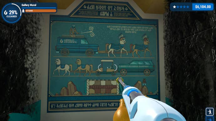 Powerwashing an ancient temple in PowerWash Simulator and uncovering a mural dedicated to you, the powerwasher