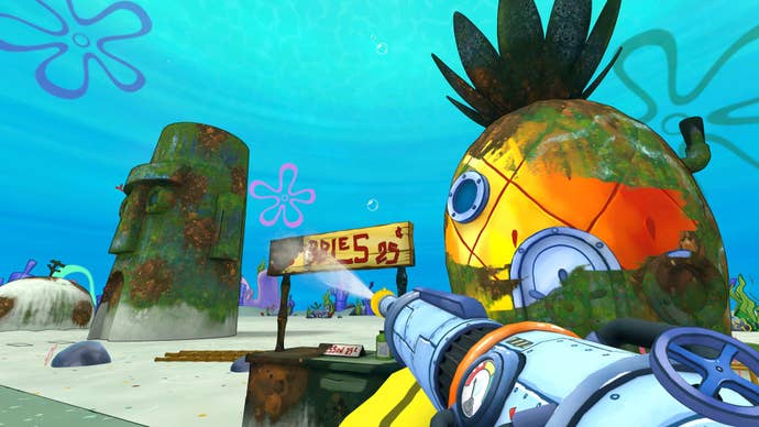 Bikini Bottom from Spongebob Squarepants is mucky and you must clean it in PowerWash Simulator.