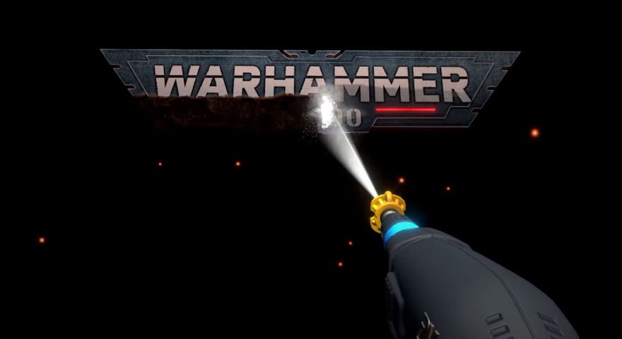 The Warhammer 40K logo being powerwashed in PowerWash Simulator.