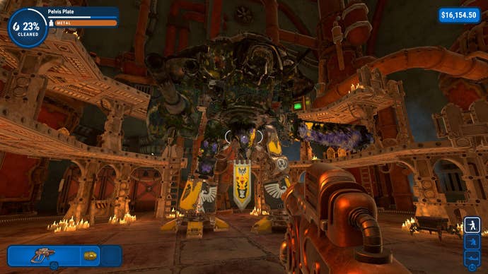 A Knight Paladin suit (a giant war suit with a chainsword and a gun) covered in grime, being cleaned in PowerWash Simulator’s Warhammer 40K DLC