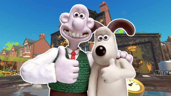 Wallace & Gromit giving a thumbs up, superimposed over a screenshot of the duo’s PowerWash Simulator DLC showing a mucky street ripe for hosing.