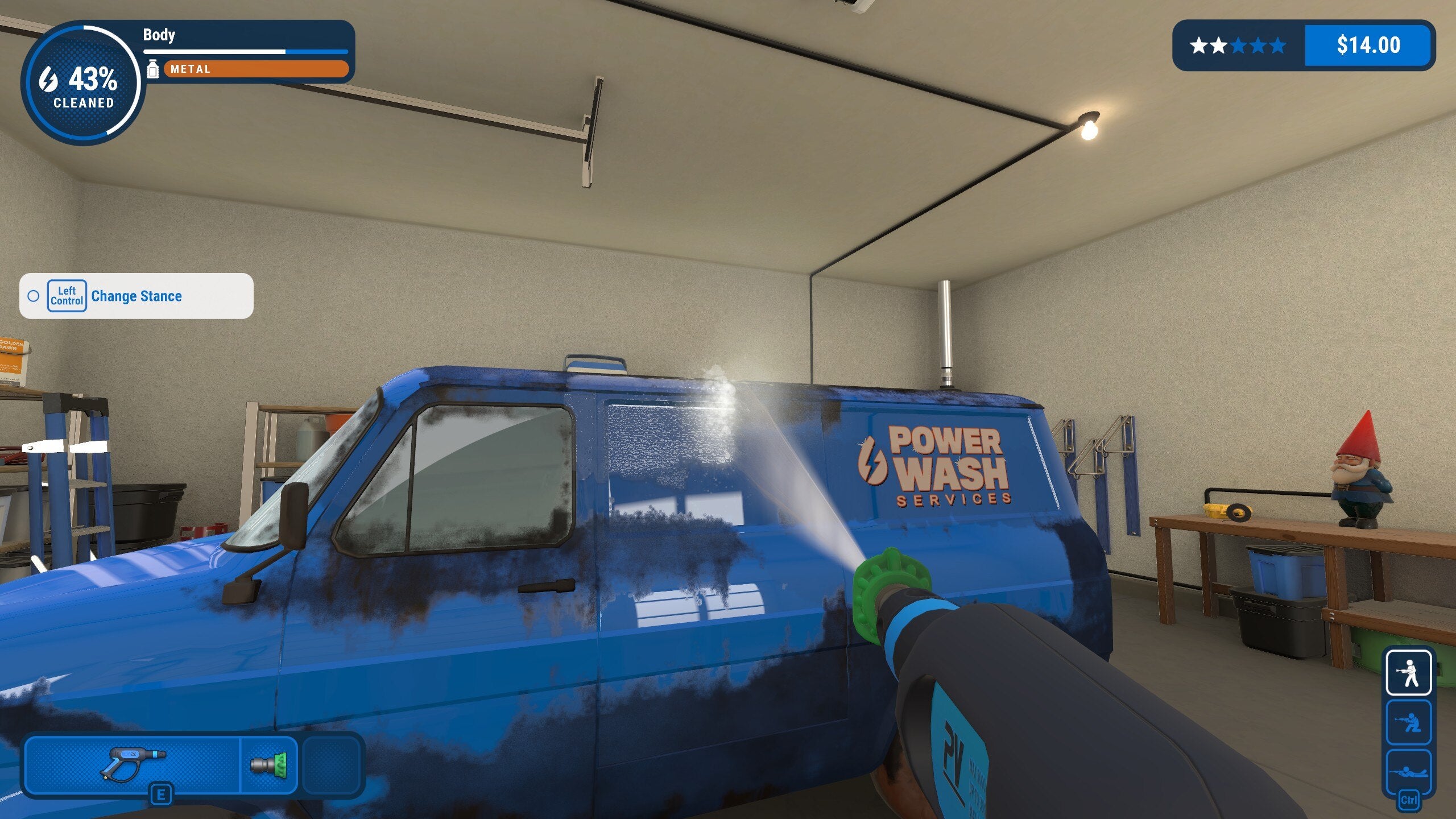 A partially power-washed blue van. Appropriately it is our - the player&rsquo;s - Power Wash Services van. Soon it will be sparkling clean.