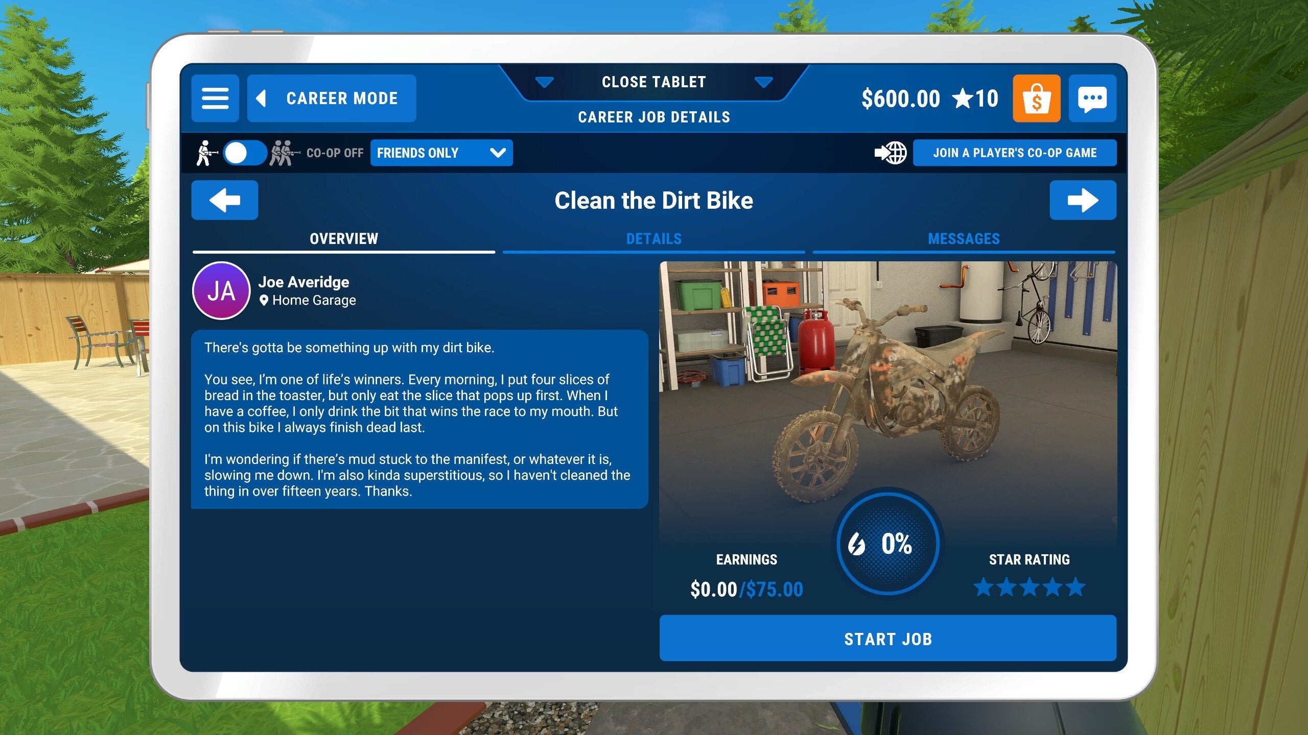 A menu detailing a job to clean a filthy trail motorbike in PowerWash Simulator. The owner of the bike thinks it might be the dirt on his vehicle that&rsquo;s slowing him down. He is delusional.