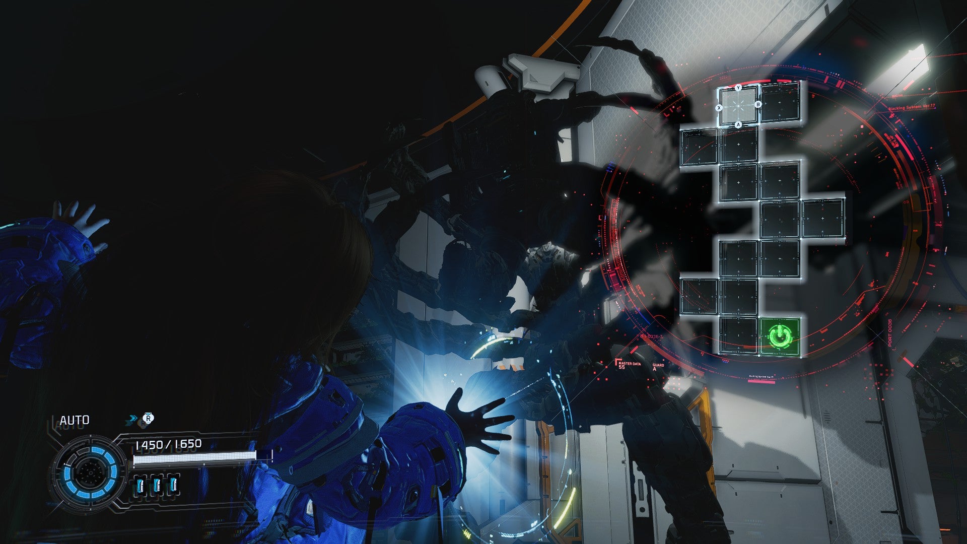 A cloaked bot grabs Hugh in Pragmata, forcing Diana to initiate an emergency hack.