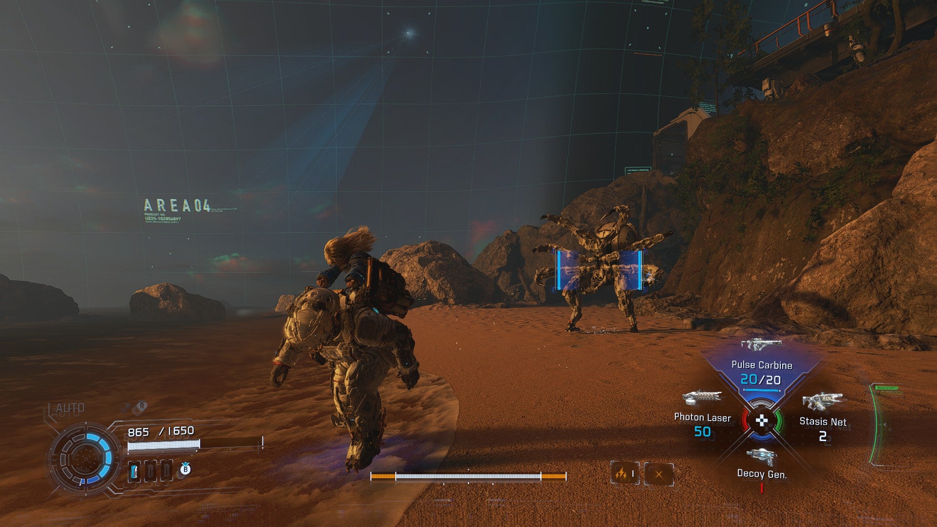 A cloaked bot appears on a beach in Pragmata, forcing Diana and Hugh to run.