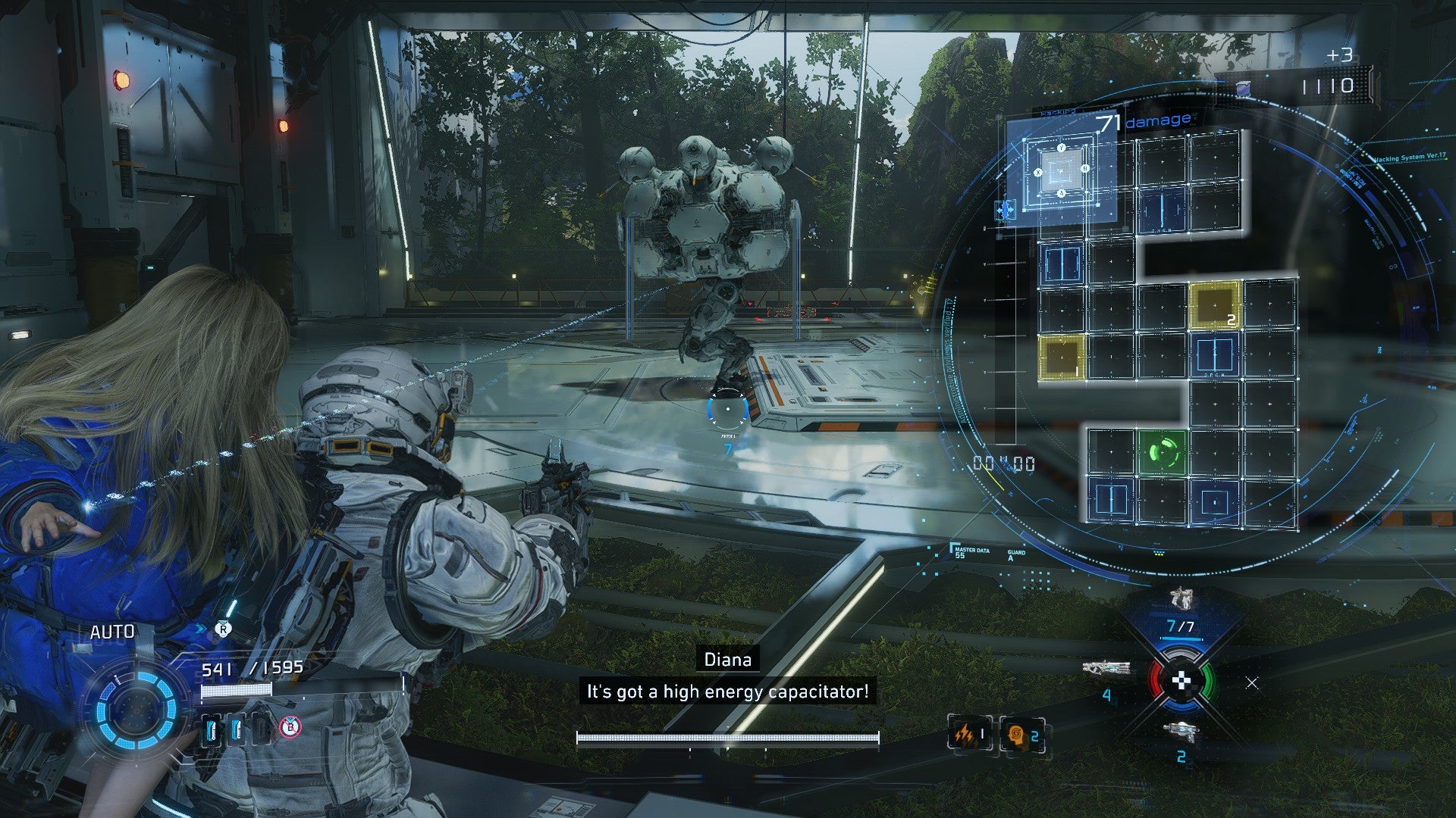 Diana hacks the matrix of a four-headed bot that has a high energy capacitator in Pragmata.