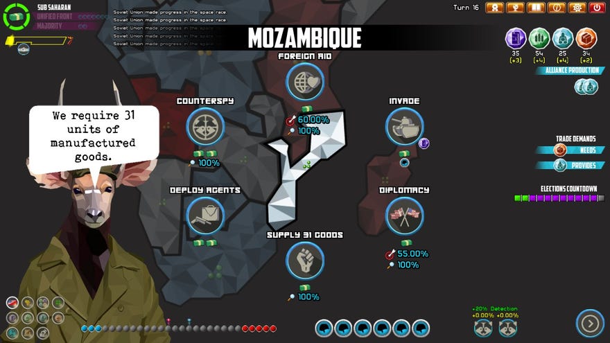 A deer in military gear stands next to a map of Mozambique in Precipice